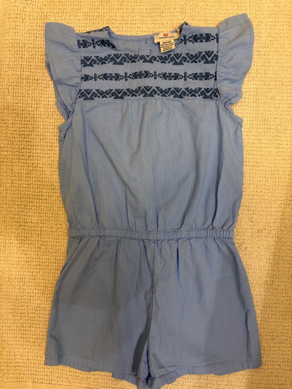 Vineyard Vines light blue Girls' Cotton Romper with Navy Embroidered Yoke